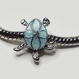 NWT For Pandora Charm Bracelet Gorgeous Pearl Aqua Blue And Silver Turtle Slider